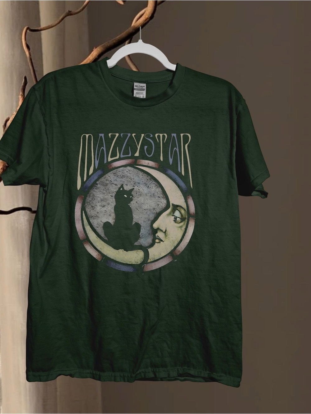 Gildan Forest Green Mazzystar Band with Cat & Celestial Moon Graphic Tee